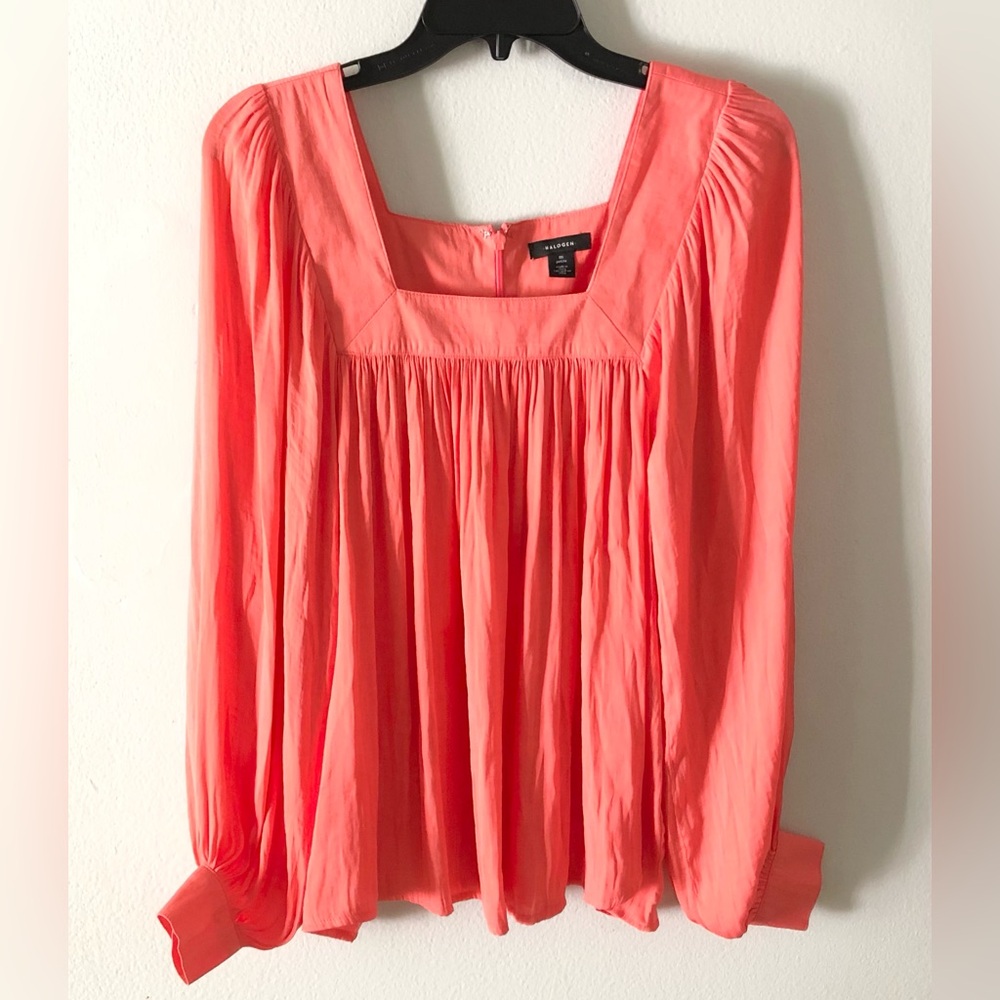 Halogen Coral Square-Neck Long Sleeve Swing Satin Blouse